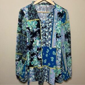 Susan Graver Blouse Women Large Green Purple Floral Boho Patchwork Sheer Sleeve